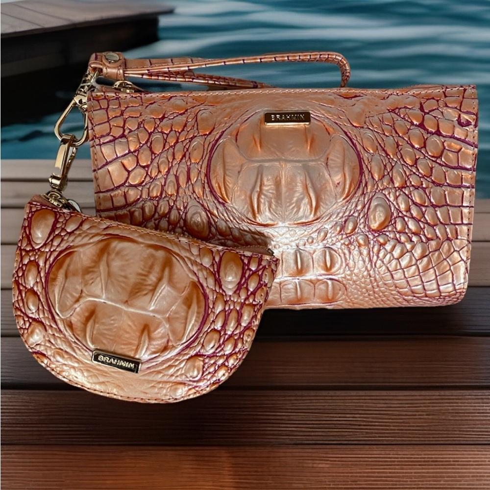 Brahmin Daisy APRICOT ROSE Wristlet Clutch & Clip On Britt Card Coin Wallet-2 PC - Picture 2 of 16